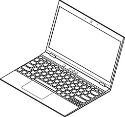 Line-art detailed isometric drawing of an ultra thin and light laptop computer. Expanded paths. No fills.