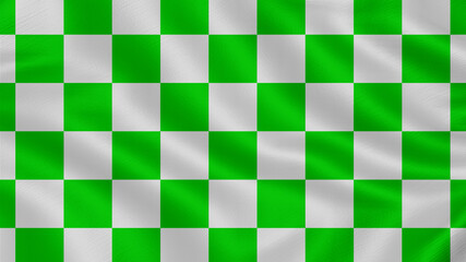 Flag of Checked race green and white. Realistic waving flag 3D render illustration with highly detailed fabric texture.