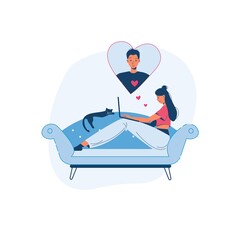 Vector cartoon flat lover characters couple.Young people in love chat,communicate online,think of each other-saint Valentine Day postcard,greeting card design,web online banner decor,social concept