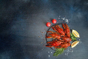 Boiled cooked crayfish crawfish ready to eat on black deep blue background. Copy space. Overhead. Copy space.