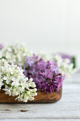 Lilac flowers lie on a wooden tray. White and lilac flowers. Light coloured background and minimalism