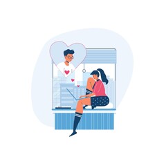 Vector cartoon flat lover characters couple.Young people in love chat,communicate online,think of each other-saint Valentine Day postcard,greeting card design,web online banner decor,social concept