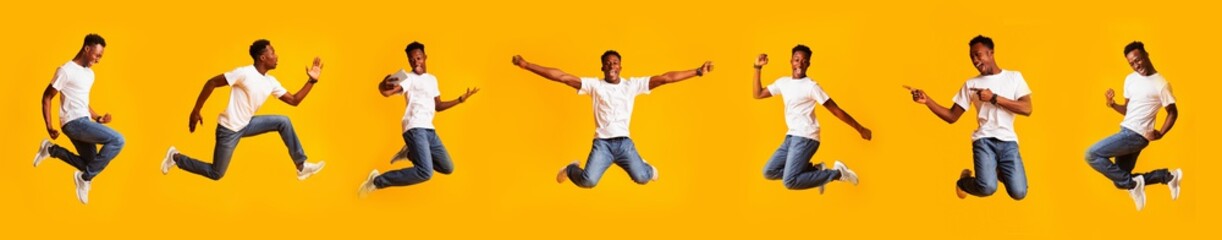 Fototapeta na wymiar Funny African Guy Jumping Posing Having Fun, Yellow Background, Collage