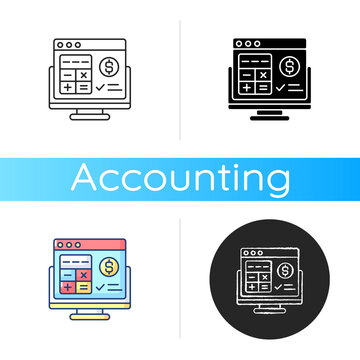 Accounting Software Icon. Application Software That Records And Processes Accounting Transactions Within Functional Modules. Linear Black And RGB Color Styles. Isolated Vector Illustrations