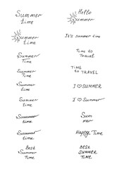 a large set of isolated handwritten inscriptions on a white background - hello summer, summer time, travel time, I love summer, best summer time. vector illustration, eps