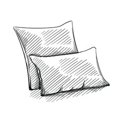 Hand drawn sketch of pillows on a white background. Black and white sketch of two pillows. Going to sleep. Sleeping set	
