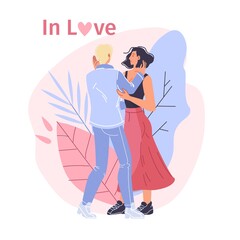 Vector cartoon flat characters couple,Valentine Day greeting card design.Happy young man woman in love hugs on floral background-February 14 text card,web online banner decor-emotions,social concept