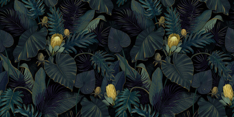 Deciduous pattern. Seamless tropical illustration. Protea flowers, palm leaves, monstera, colocasia, banana. - obrazy, fototapety, plakaty