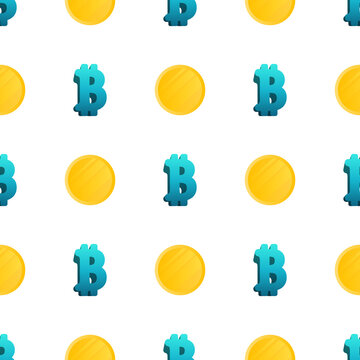 Bitcoin icon and gold coins seamless pattern. Endless background for websites and applications. Vector image