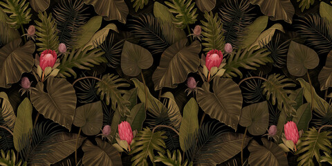 Protea tropical pattern. Botanical illustration. Hand drawing with tropical leaves. Suitable for the design of fabric, paper, wallpaper, notebook covers