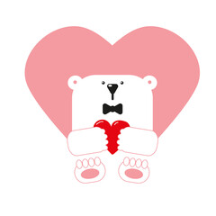 Cute polar bear in a bow tie with a red heart in its paws on a white and pink background. Romantic card for valentine's day, wedding, birthday, mother's day. Logo for zoo or other animal themes.