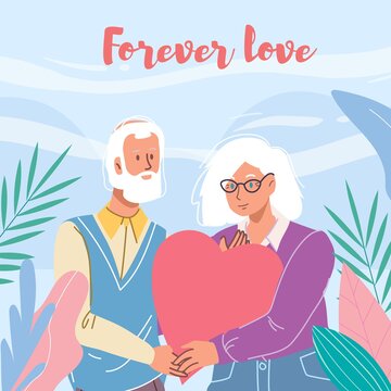 Vector cartoon flat characters couple,saint Valentine Day greeting card design.Elderly people in love holds heart on floral background-forever love metaphor text card,web online banner decor concept