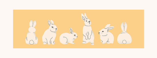 Rabbits, hares or Easter bunnies. In different poses and different angles. Vector decorative illustration.