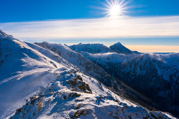 Peaks of Tatra Mountains in winter seen from Kasprowy Wierch