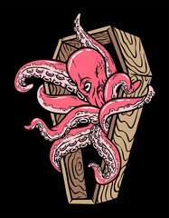 Squid comes out of the coffin illustration