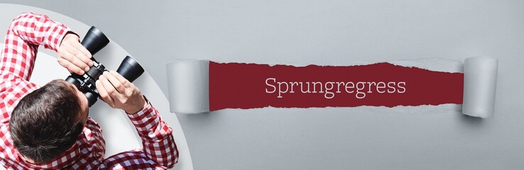 Sprungregress. Mann (Anwalt) bei Beobachtung mit Fernglas. Fokus auf Text/Wort in einem Papier Riss.
