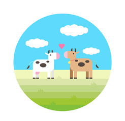 Cute happy cows in love on the meadow. Sweet farm domestic animals. Vector illustration. Flat design, web icon element.