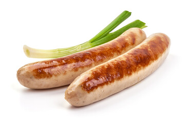 Grilled German pork sausages, Thuringer Rostbratwurst, isolated on white background