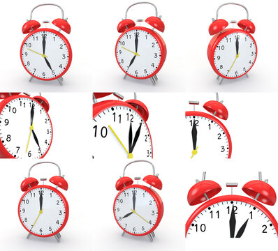 Large collection of red alarm clocks for your design. 3D render