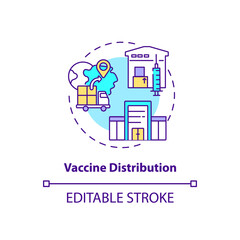 Vaccine distribution concept icon. Covid vaccination. Creating cure from dangerous diseases. Health care idea thin line illustration. Vector isolated outline RGB color drawing. Editable stroke