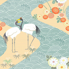 Obraz na płótnie Canvas Japanese seamless pattern. Water, wave, current and chrysanthemum. Vector.