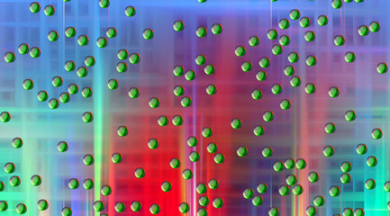 Green golden spheres design background of green and red squares