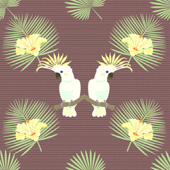 Tropical, exotic seamless pattern with white parrot, palm leaves, flowers. Vector.