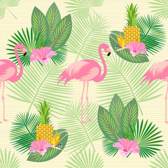Exotic, tropical seamless pattern with pink flamingos, hibiscus, palm leaves, pineapple. Vector.