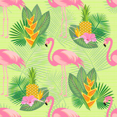 Naklejka premium Exotic, tropical seamless pattern with pink flamingos, hibiscus, palm leaves, pineapple. Vector.