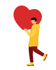 young man in a yellow jacket carries a huge heart on his shoulder. vector