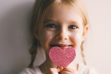 Cute blue-eyed little girl holding pink heart for valentines day. Lovely smiling child with heart. Hipster. Love. - 404924755