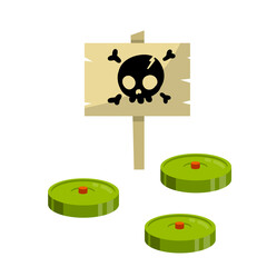 Minefield. Green mines. Bomb and weapons. Danger warning sign with skull. Hostility. Concept of threat and risk. Cartoon flat illustration