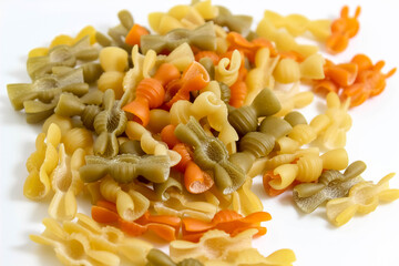 Multicolored macaroni close-ups fall from above on a white background.