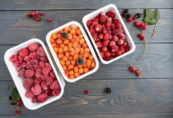 Containers with frozen berries from the refrigerator. The concept of frozen food, long-term storage products.
