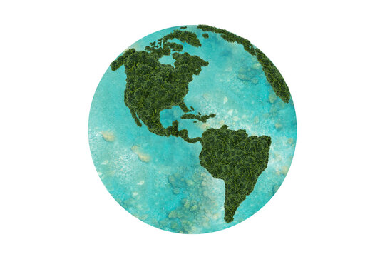 Planet Earth on a white background. Green continents from the crown of a tree. Ecological concept of the planet's survival. Mainland of North and South America. Atlantic and Pacific oceans.