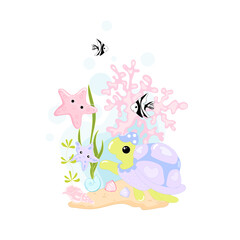 Cute Turtle Vector Clip Art Illustration. Cute cartoon character. Sea life colorful background	