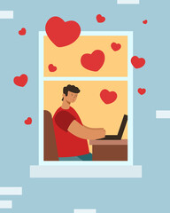 virtual love online. guy with a laptop, hearts flying around
