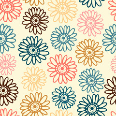 Vector seamless pattern colorful design of bright hand-drawn flowers in pastel