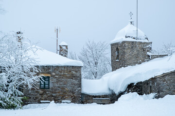 Sanctuary of Santa María a Real do Cebreiro under the snow