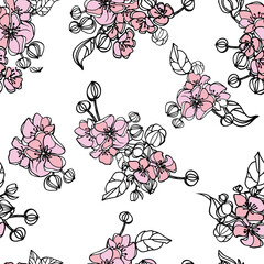 Seamless repeat pattern with flowers and leaves in black and pastel pink on white background. Hand drawn fabric, gift wrap, wall art design. Vector illustration