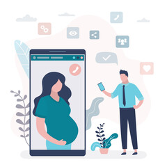 Online video conference. Businessman use smartphone and talking with pregnant wife. Big mobile phone with video chat application.