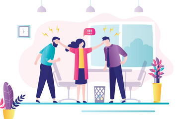 Obraz premium Female worker stops conflict between two angry male employees. Stress, emotions management at work. Conflict situation