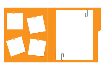 Open file folder with white leaf and sticky notes.Document case,paper case,notebook.Vector illustration.