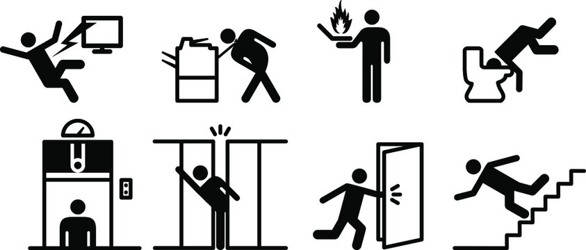 People icons: a variety of common accidents involving office equipment and fixtures. Electrocution, items caught in equipment, fire, stuck elevator, compactus crush, etc.