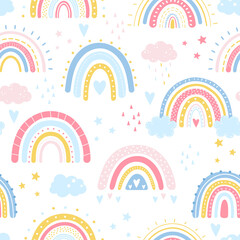 Rainbow seamless pattern. Vector hand drawn rainbow in cartoon scandinavian style for kids wrapping paper, textile, wallpaper, prints, fabric. Rainbow set with clouds, stars, sunshine, drops, heart.