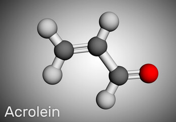 Acrolein, propenal, unsaturated aldehyde molecule. It is used as a pesticide and to make other chemicals. Molecular model