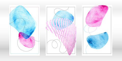 Watercolor abstract shapes. Minimalist artistic hand painted compositions. Pink, blue colors.