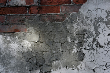 Grunge crack cement wall for background. Old brick wall with peeling plaster, grunge background. Through a hole in a wall it is visible bricks through a hole in a wall it is visible bricks..