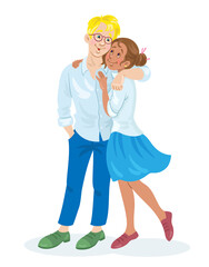 Couple of different nationalities. Young man and woman stand embracing. In cartoon style. Isolated on white background. Vector flat illustration
