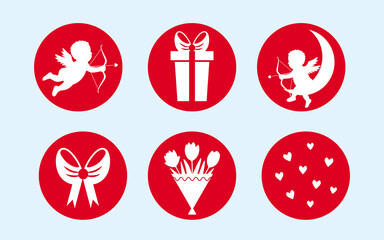 set of red round icons for valentine's day.